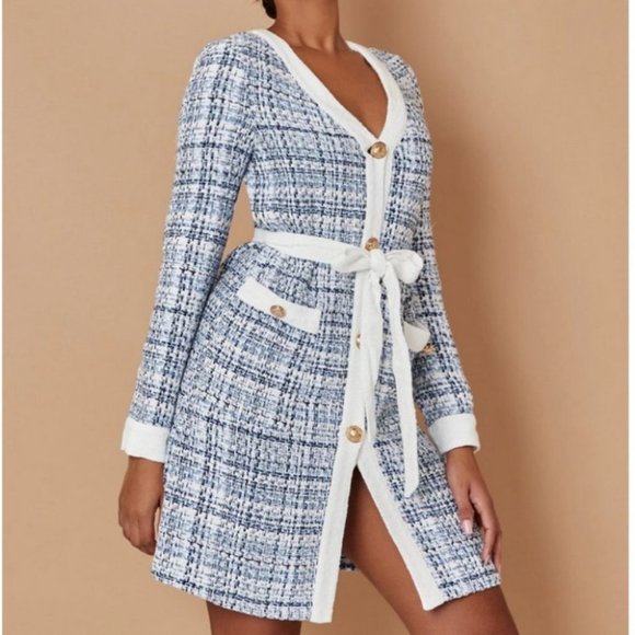 MODA ME COUTURE Jackets & Blazers - multicolor tweed belted overcoat chic classy elegant fall winter
